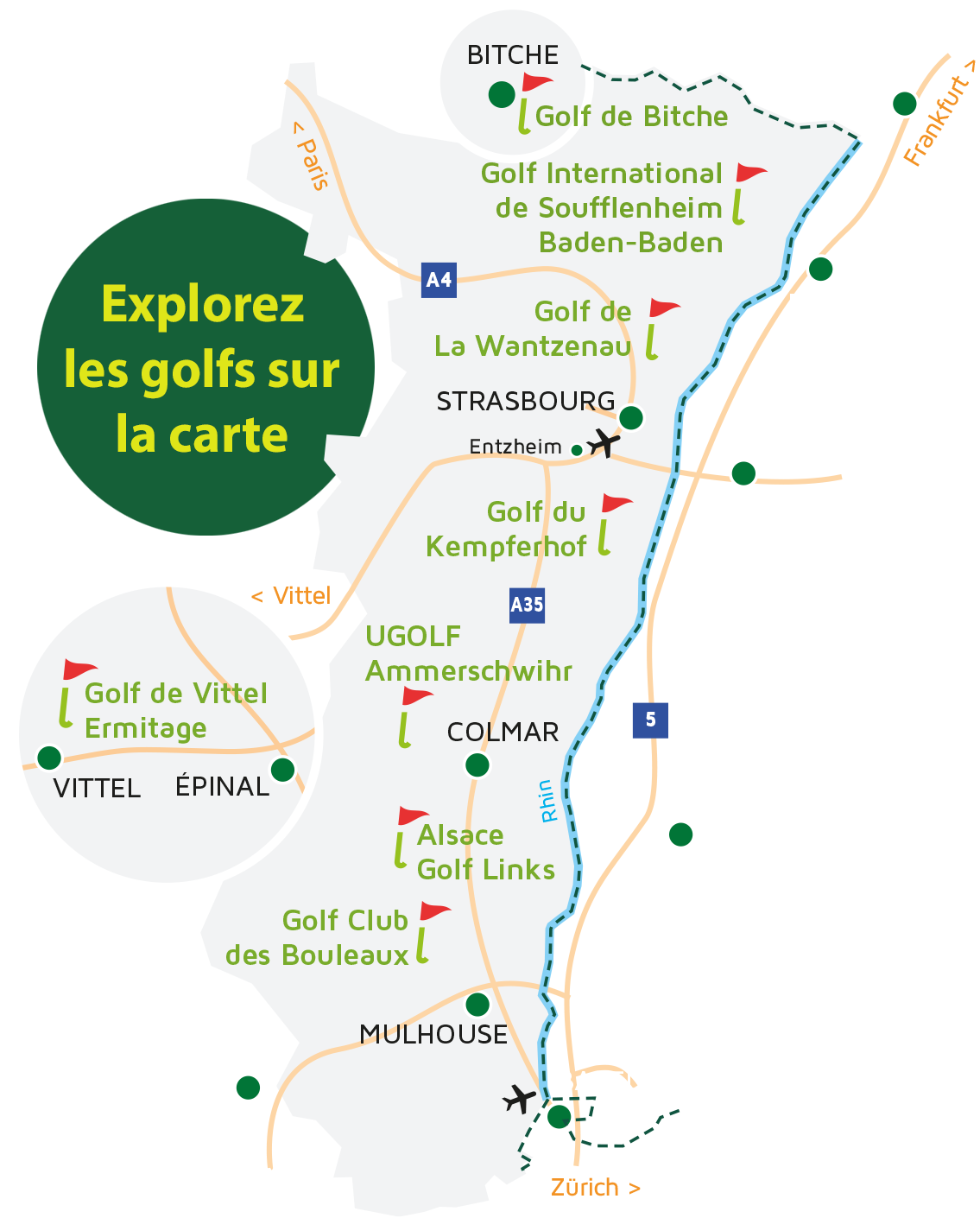 Carte des golfs d'Alsace