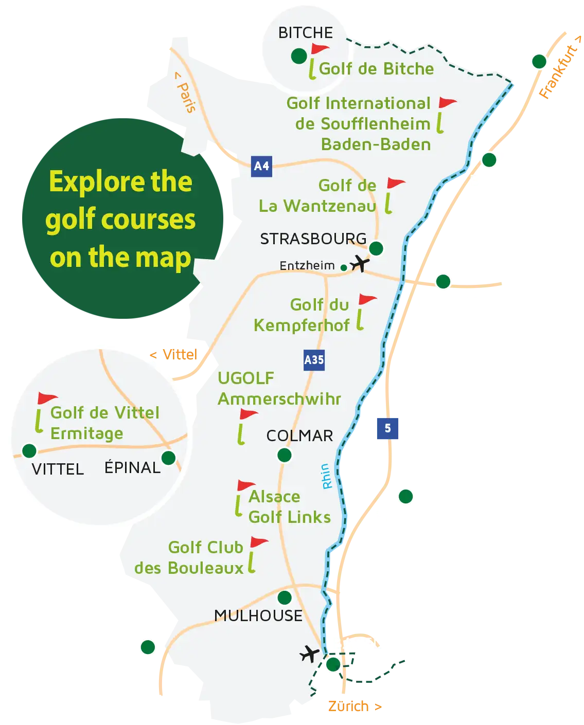 Carte des golfs d'Alsace