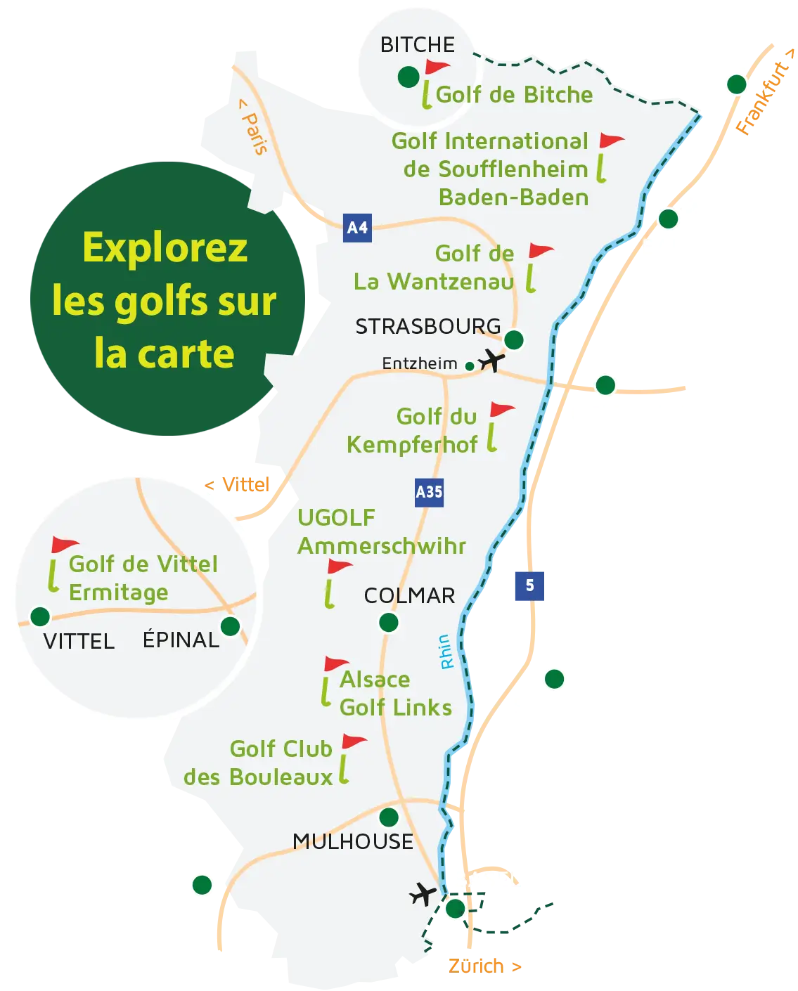 Carte des golfs d'Alsace